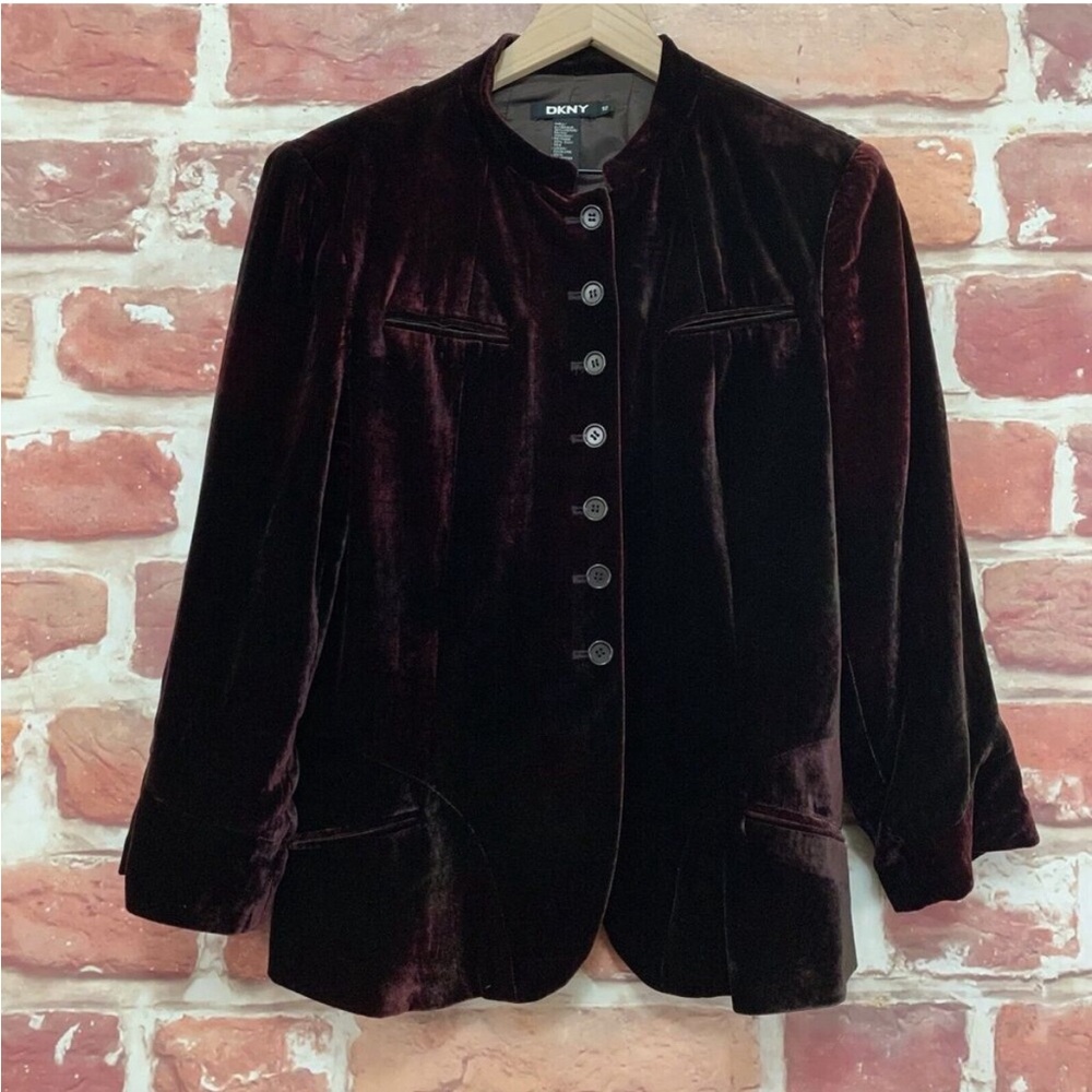 DKNY Jacket Women's Size 12 Dark Burgundy Maroon Velvet Velour Button Front